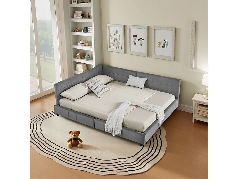 Cama de casal adulto cinza escuro 160x200cm, costas altas, tecido em veludo, sem colchão