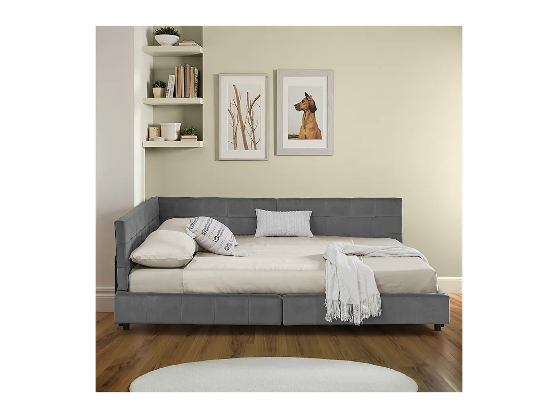 Cadre de lit gris  foncé 140x200cm, dossier haut, tissu velours, sans matelas