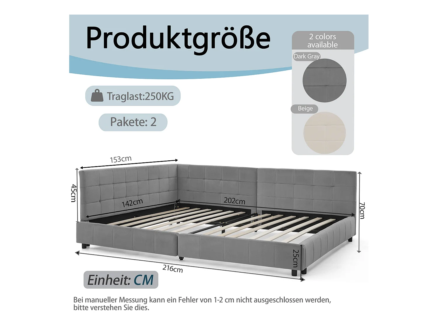 Cadre de lit gris  foncé 140x200cm, dossier haut, tissu velours, sans matelas