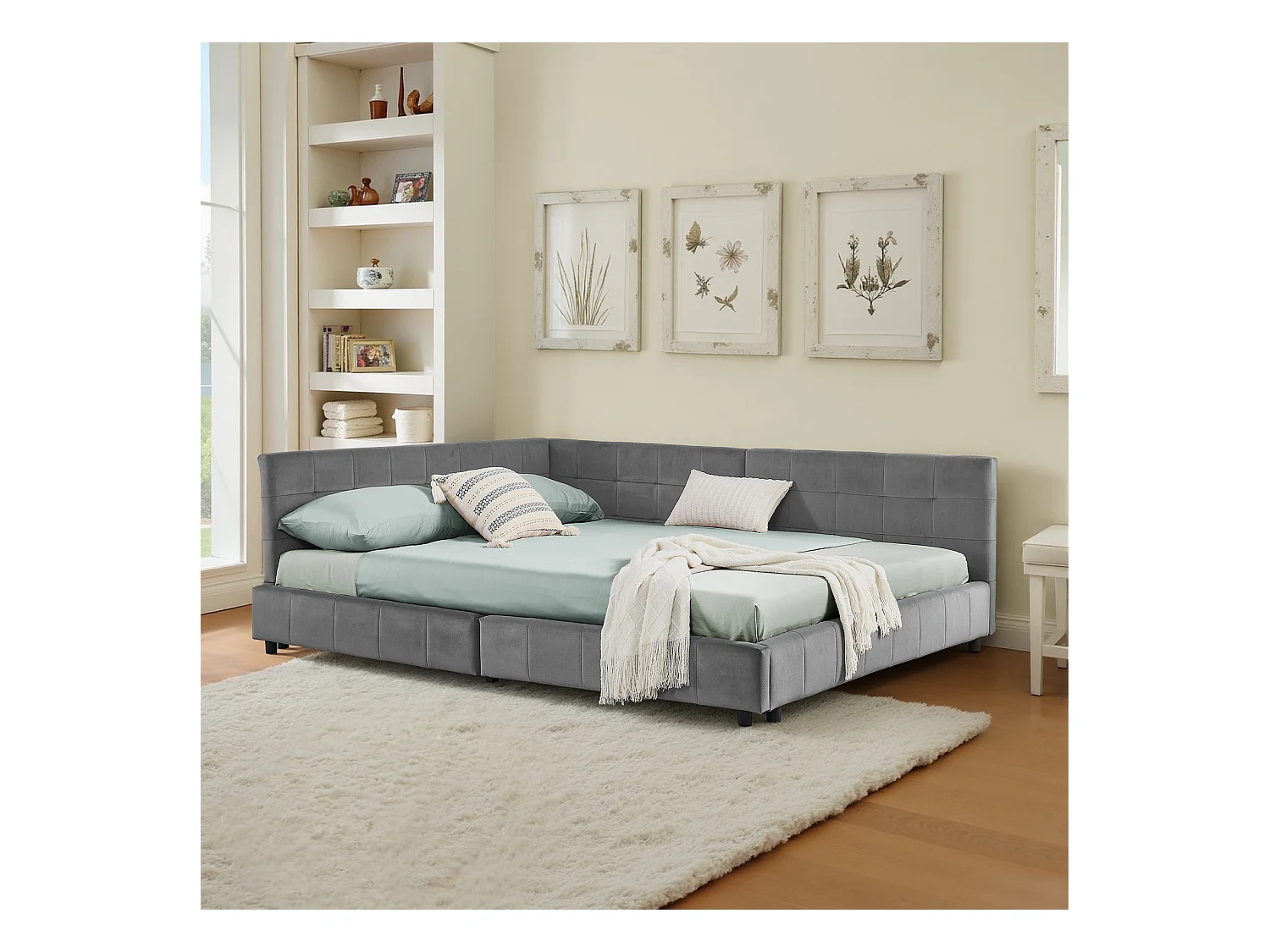 Cadre de lit gris  foncé 140x200cm, dossier haut, tissu velours, sans matelas