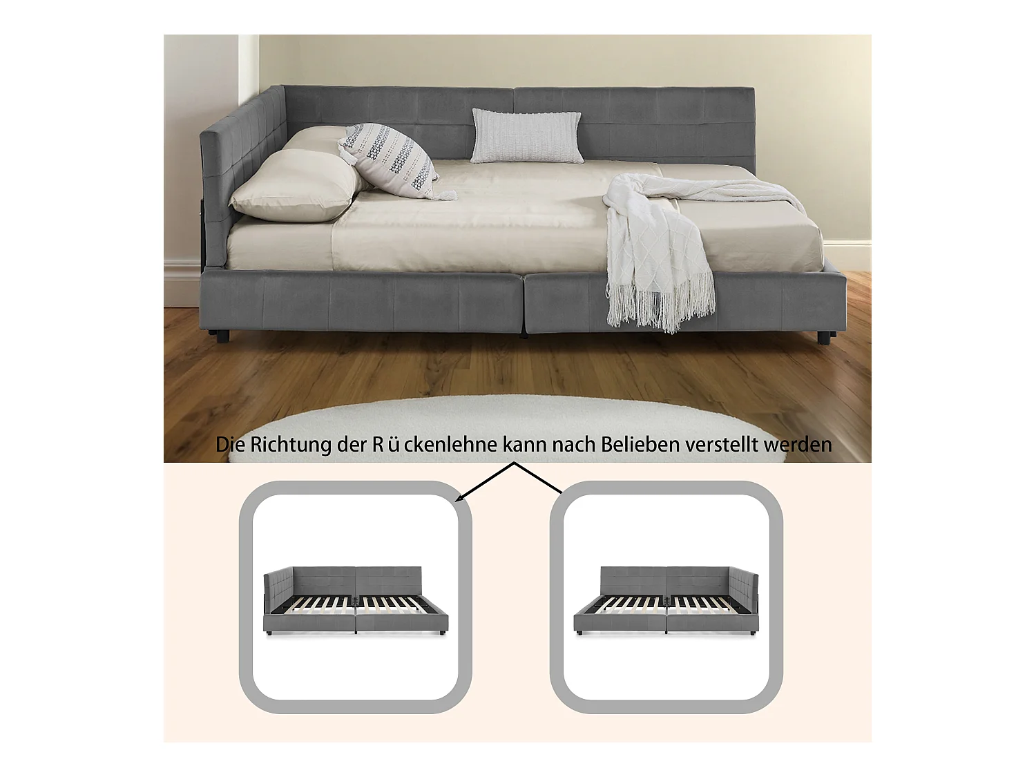 Cadre de lit gris  foncé 140x200cm, dossier haut, tissu velours, sans matelas