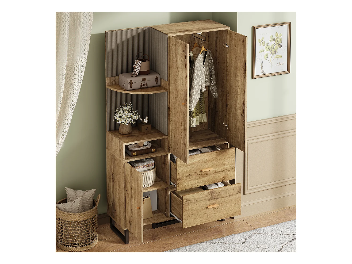 Armoire naturelle avec 2 tiroirs et 2 portes, étagères ouvertes, matériau MDF 110x38x186 cm