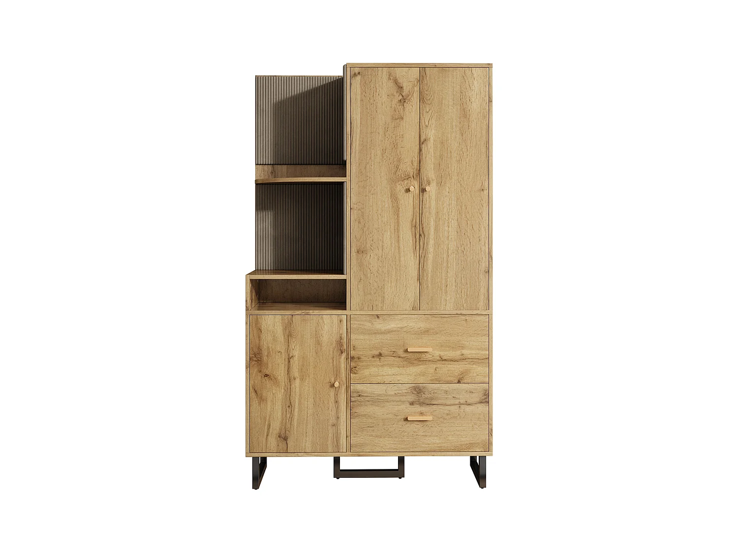 Armoire naturelle avec 2 tiroirs et 2 portes, étagères ouvertes, matériau MDF 110x38x186 cm