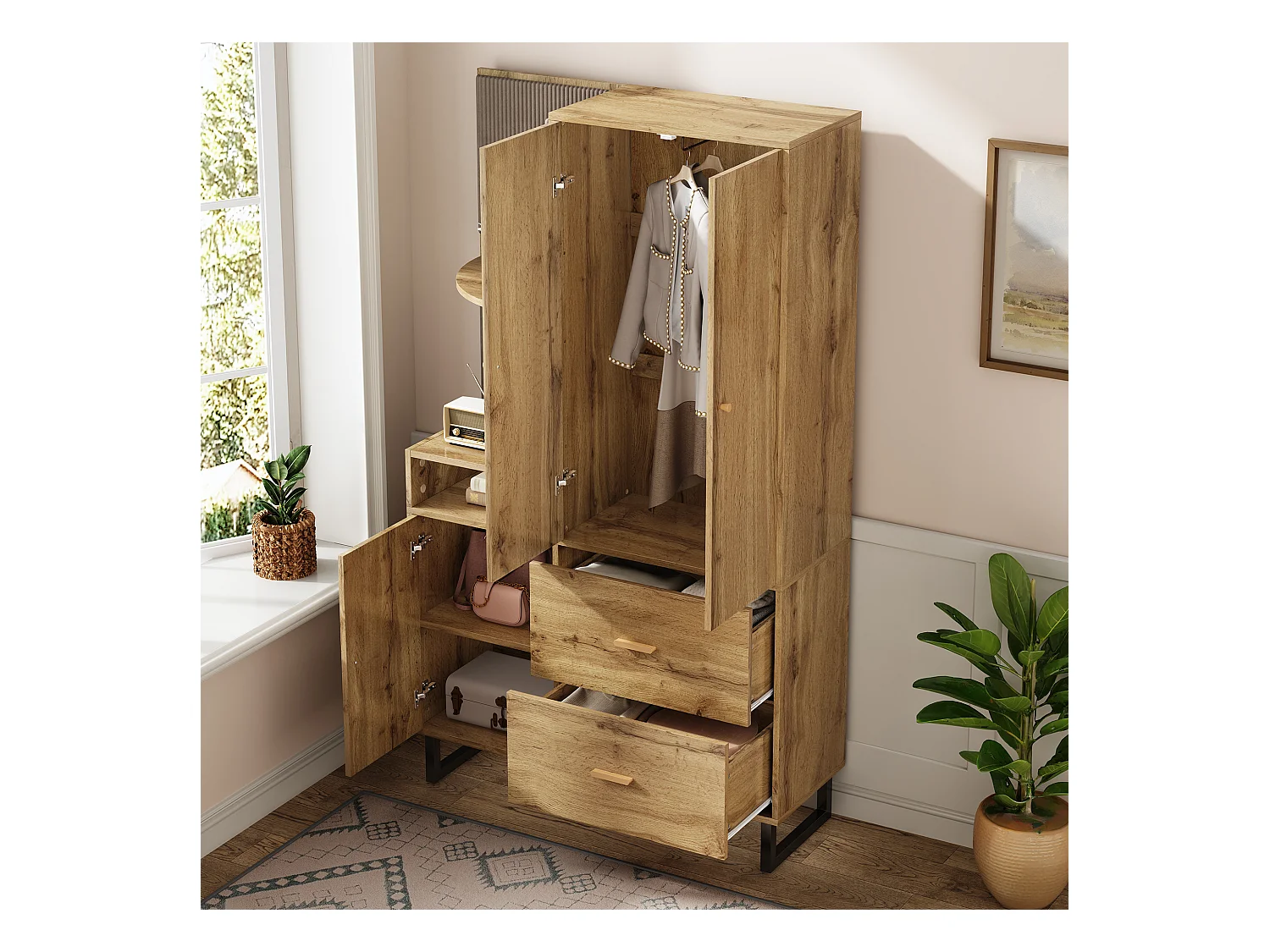 Armoire naturelle avec 2 tiroirs et 2 portes, étagères ouvertes, matériau MDF 110x38x186 cm