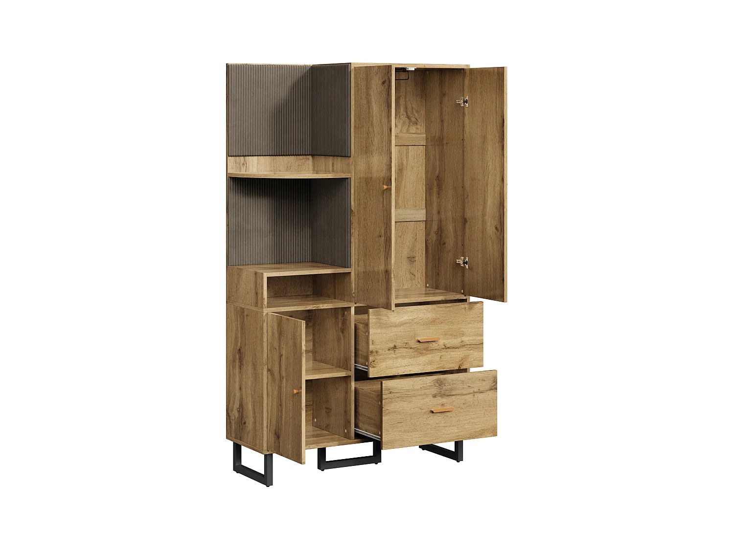 Armoire naturelle avec 2 tiroirs et 2 portes, étagères ouvertes, matériau MDF 110x38x186 cm