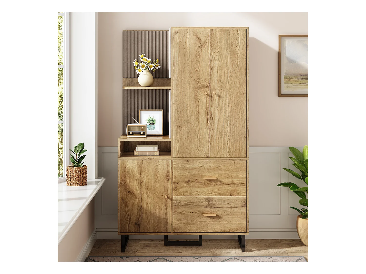 Armadio naturale con 2 cassetti e 2 ante, ripiani aperti, materiale MDF 110x38x186 cm