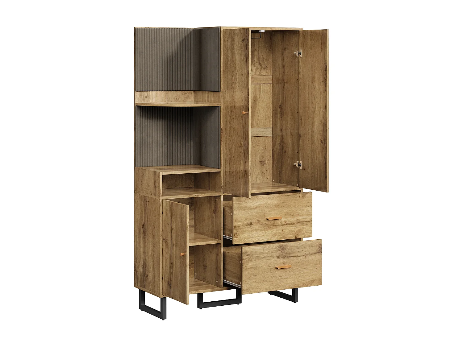 Armoire naturelle avec 2 tiroirs et 2 portes, étagères ouvertes, matériau MDF 110x38x186 cm