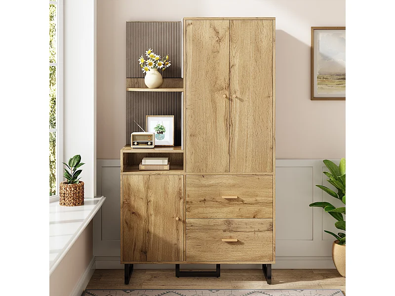 Armoire naturelle avec 2 tiroirs et 2 portes, étagères ouvertes, matériau MDF 110x38x186 cm