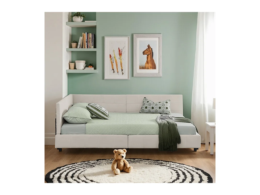 Lit adulte double beige 160x200cm, dossier haut, tissu velours, sans matelas