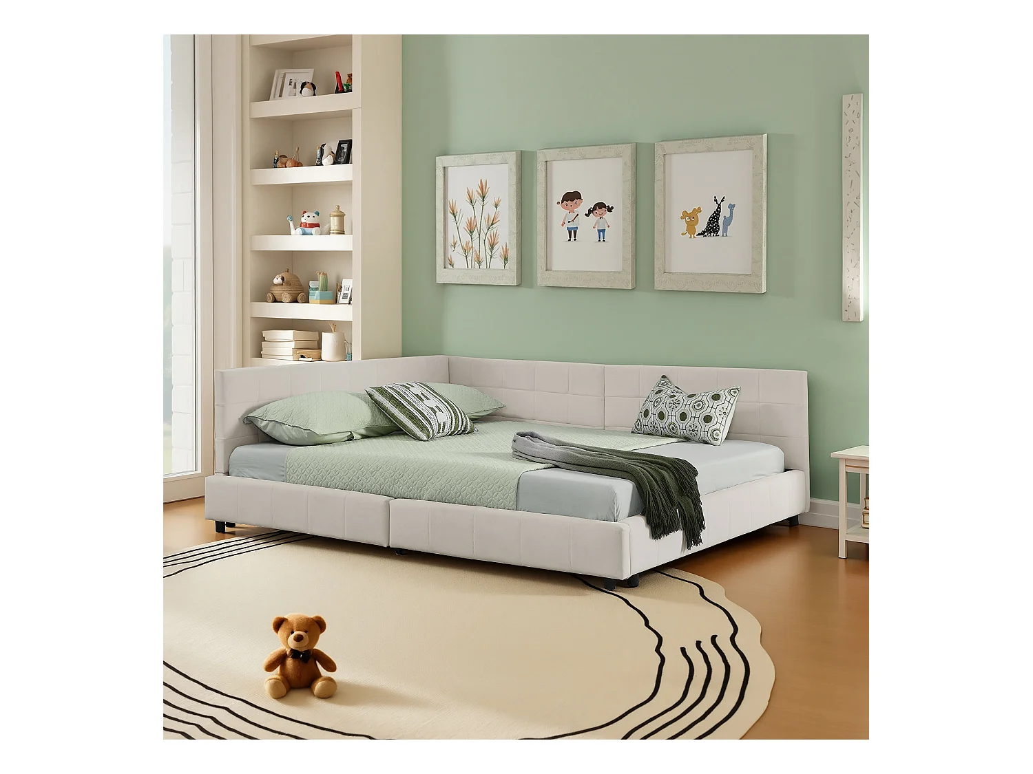 Lit adulte double beige 160x200cm, dossier haut, tissu velours, sans matelas