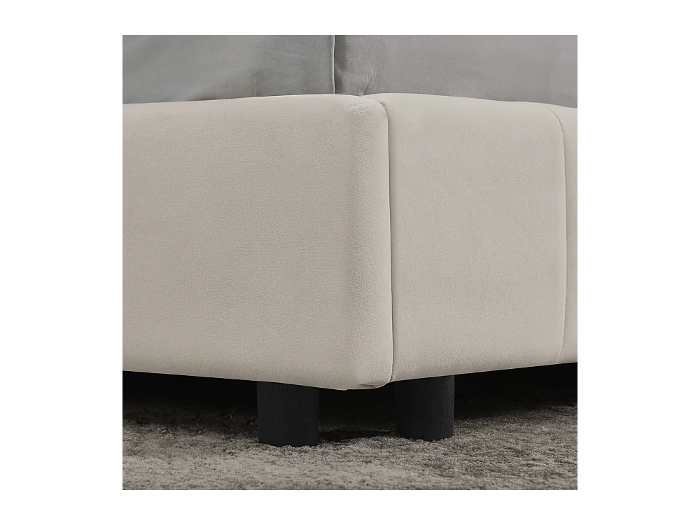 Lit adulte double beige 160x200cm, dossier haut, tissu velours, sans matelas