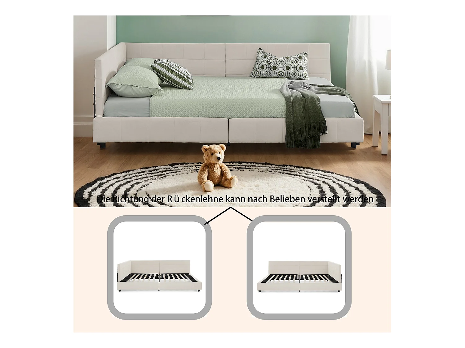 Lit adulte double beige 160x200cm, dossier haut, tissu velours, sans matelas