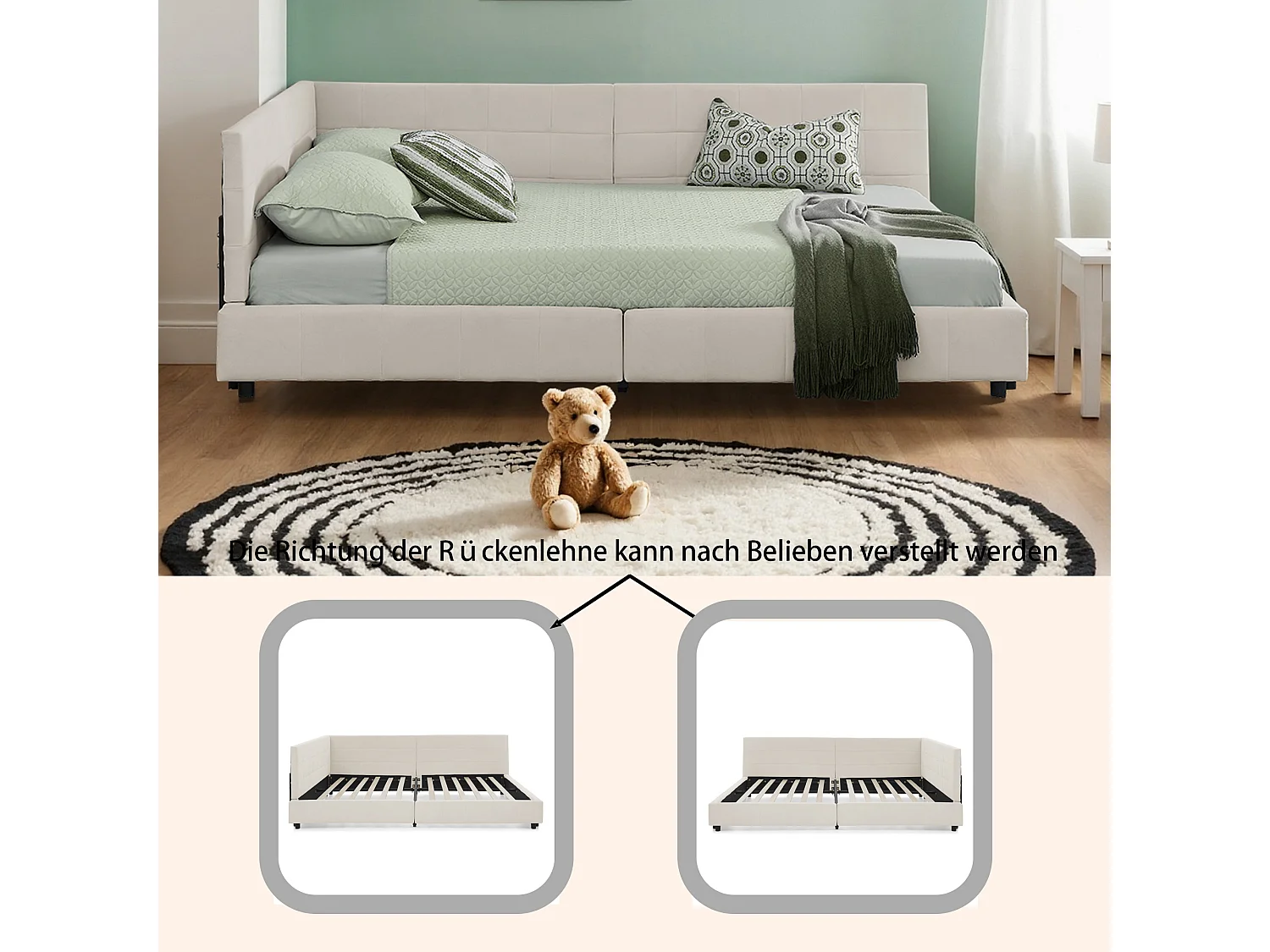 Lit adulte double beige 160x200cm, dossier haut, tissu velours, sans matelas