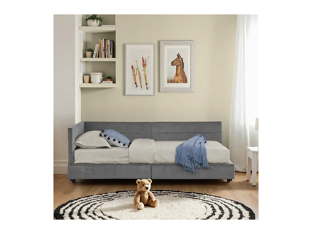 Lit enfant simple gris foncé 90x200cm, dossier haut, tissu velours, sans matelas
