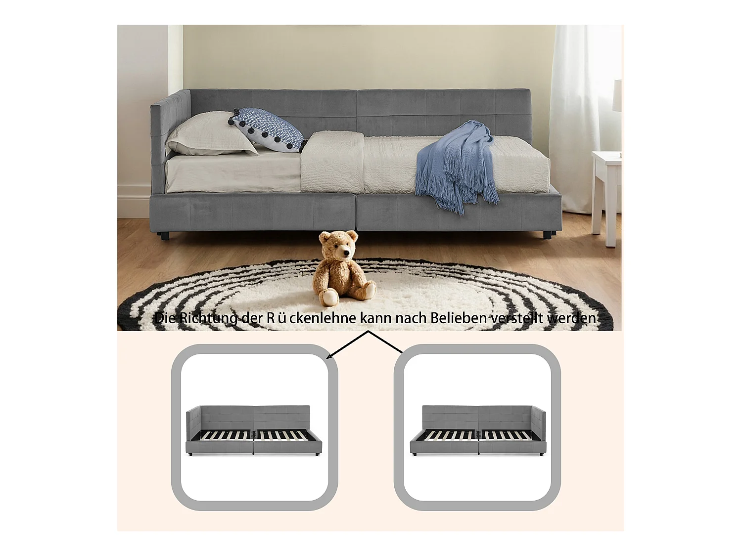 Lit enfant simple gris foncé 90x200cm, dossier haut, tissu velours, sans matelas