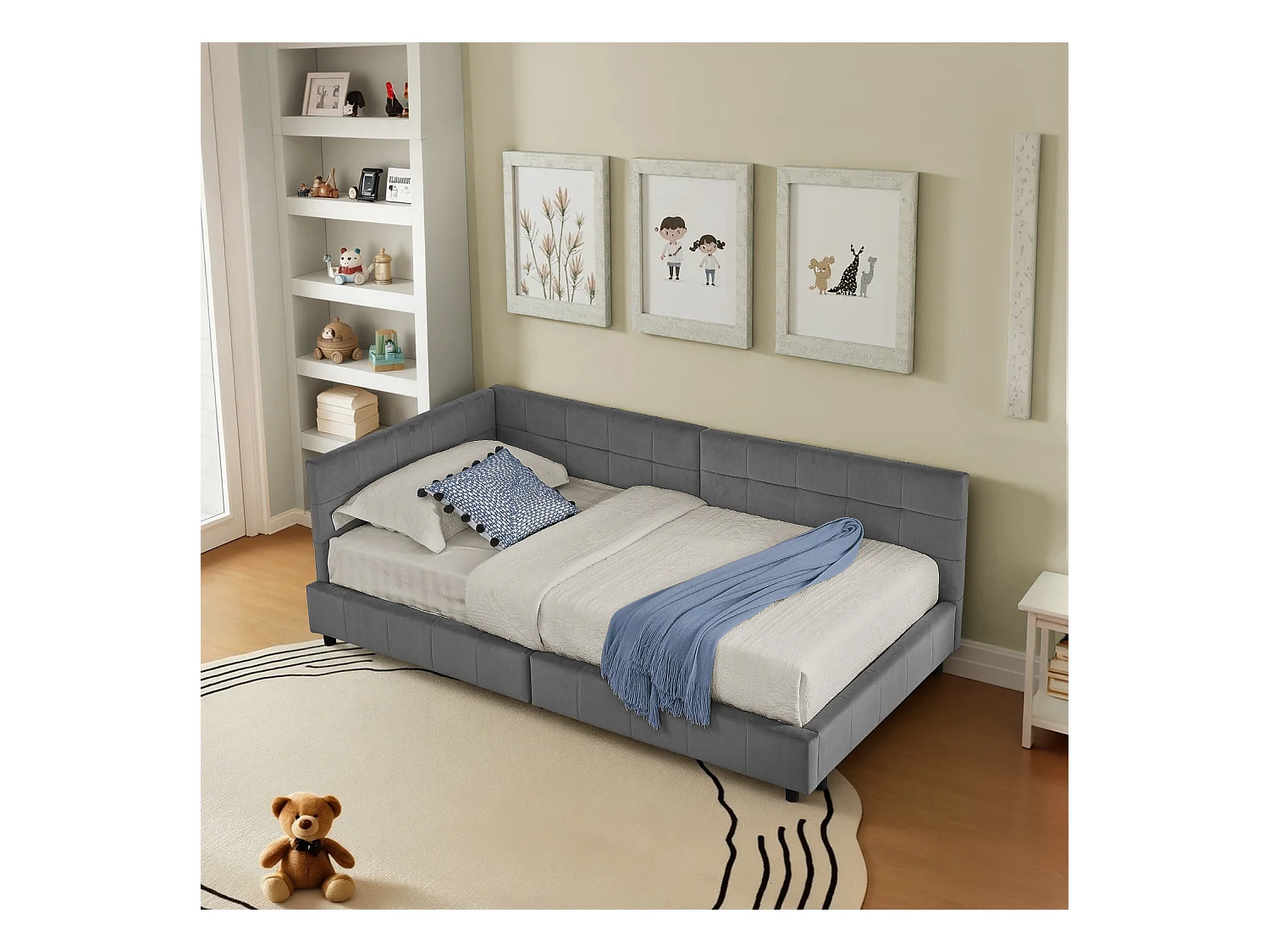 Letto singolo per bambini grigio scuro 90x200cm, schienale alto, tessuto in velluto, senza materasso
