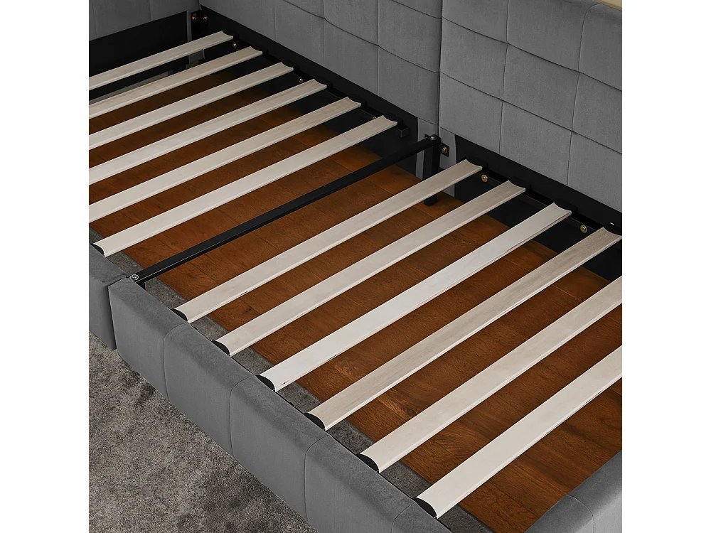 Cama individual infantil gris oscuro 90x200cm, respaldo alto, tejido de terciopelo, sin colchón