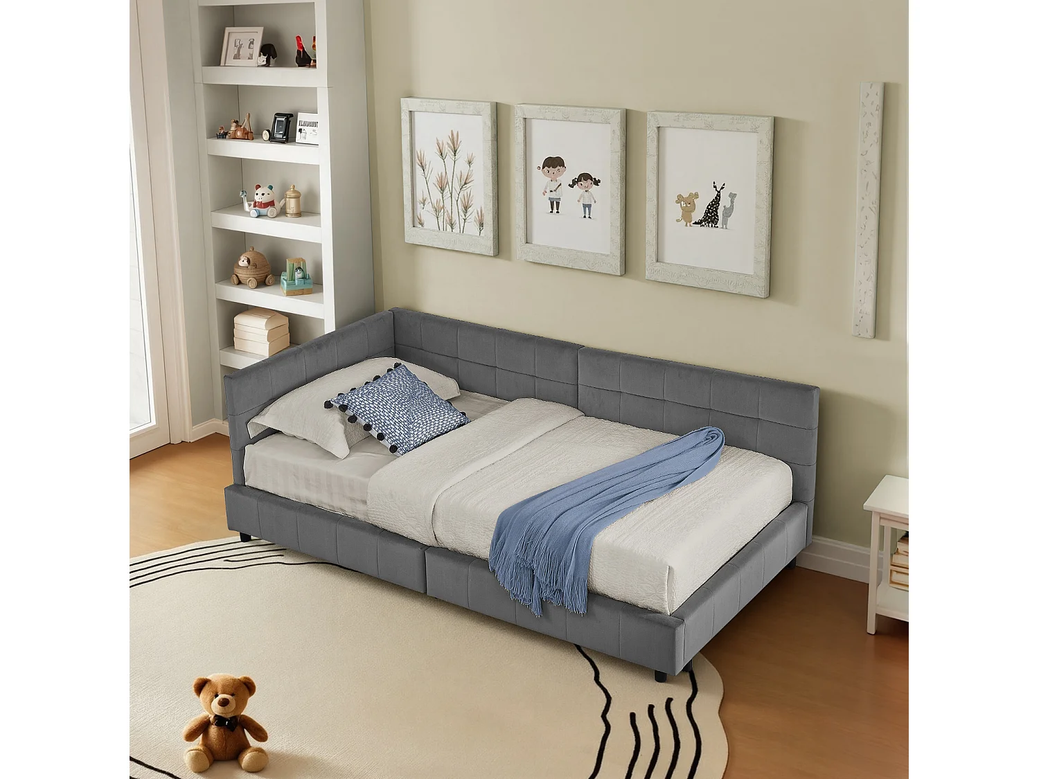 Lit enfant simple gris foncé 90x200cm, dossier haut, tissu velours, sans matelas