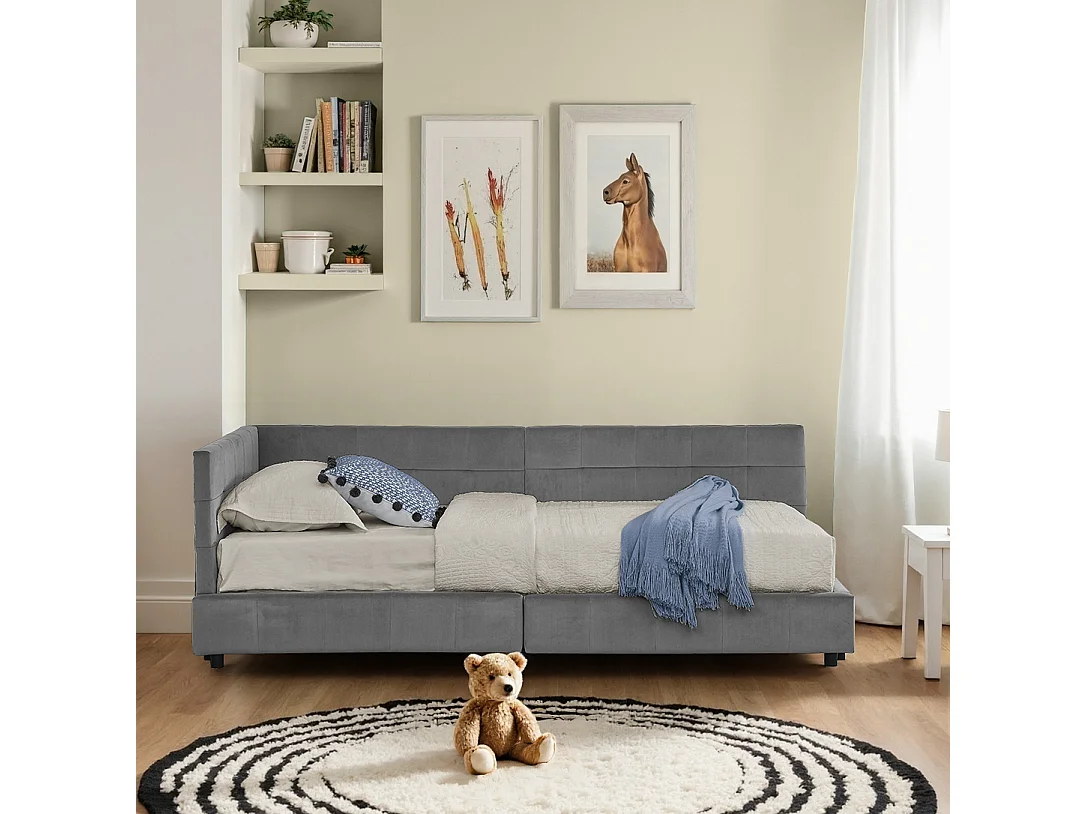 Lit enfant simple gris foncé 90x200cm, dossier haut, tissu velours, sans matelas