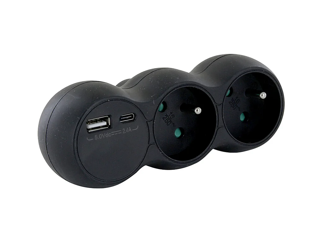 Domino 2x16A + USB-A/C - Noir - Chacon