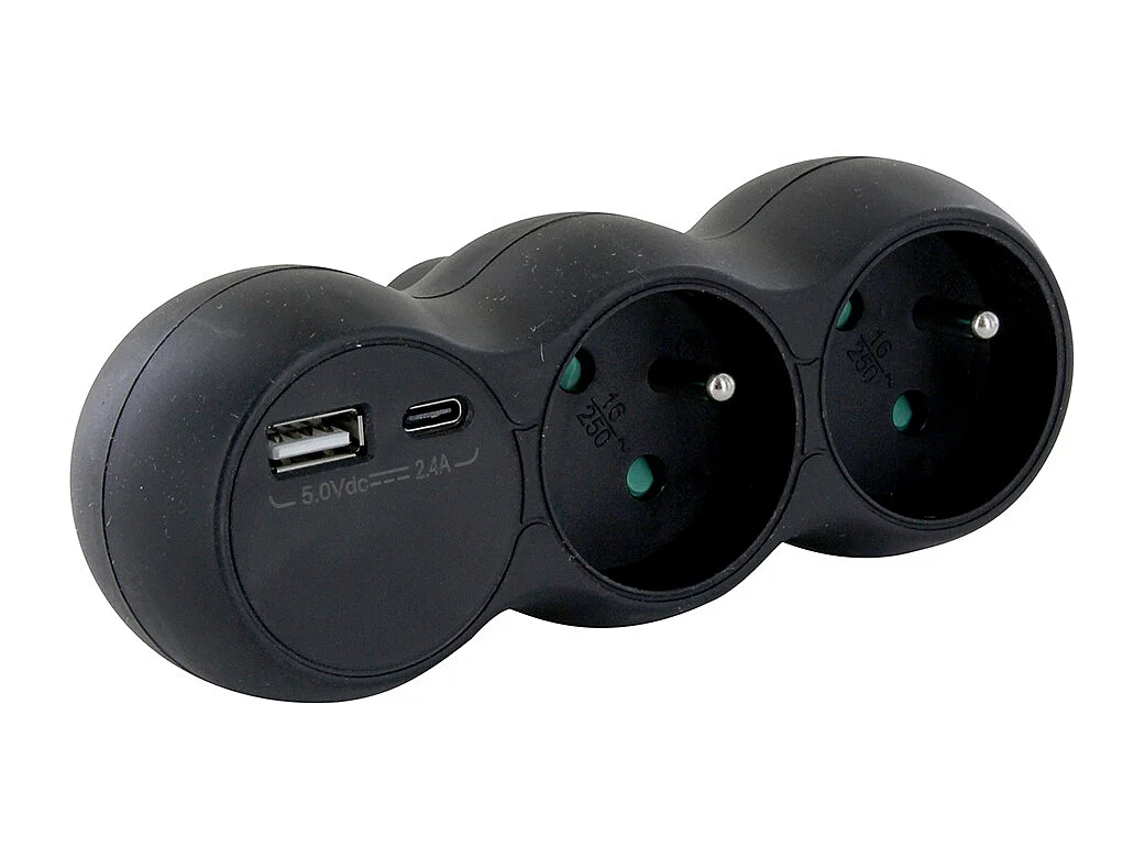 Domino 2x16A + USB-A/C - Noir - Chacon