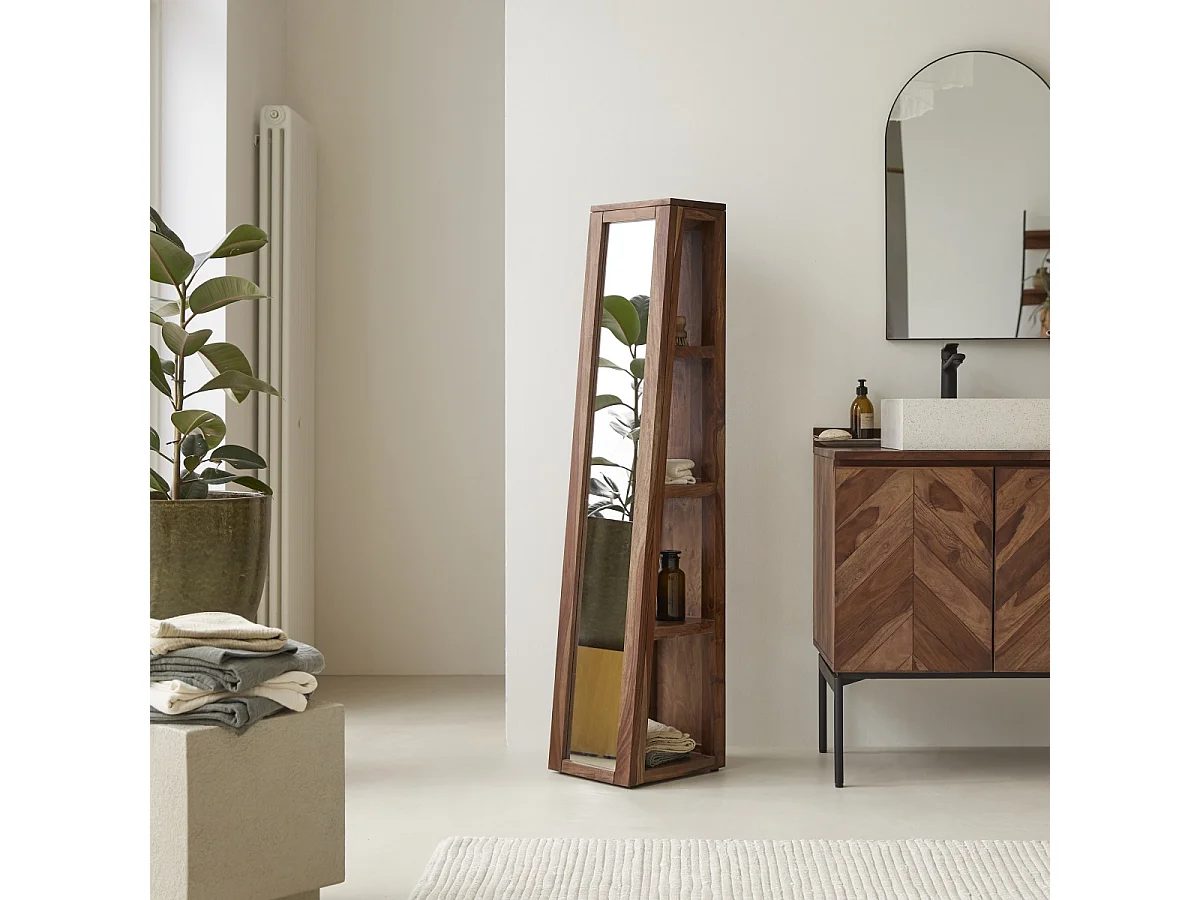 Hochschrank mit Spiegelfläche 30 cm breit mit Ablageflächen Palisander Sheesham