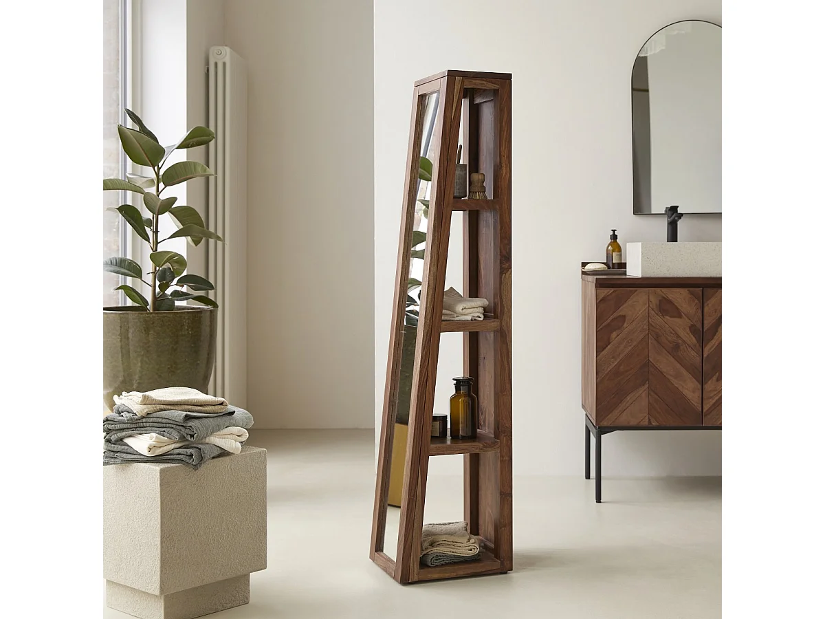 Hochschrank mit Spiegelfläche 30 cm breit mit Ablageflächen Palisander Sheesham