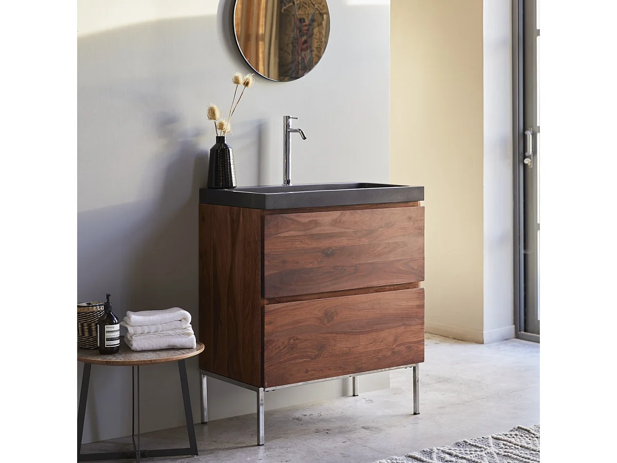 Waschtisch aus Palisander mit integriertem Lavasteinwaschbecken 80 cm Nova