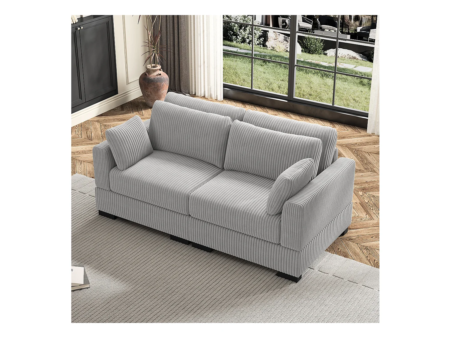 Canapé en forme de 2 places avec tabouret de rangement, canapé d'angle en velours côtelé avec ottoman, canapé doux pour salon, famille, gris