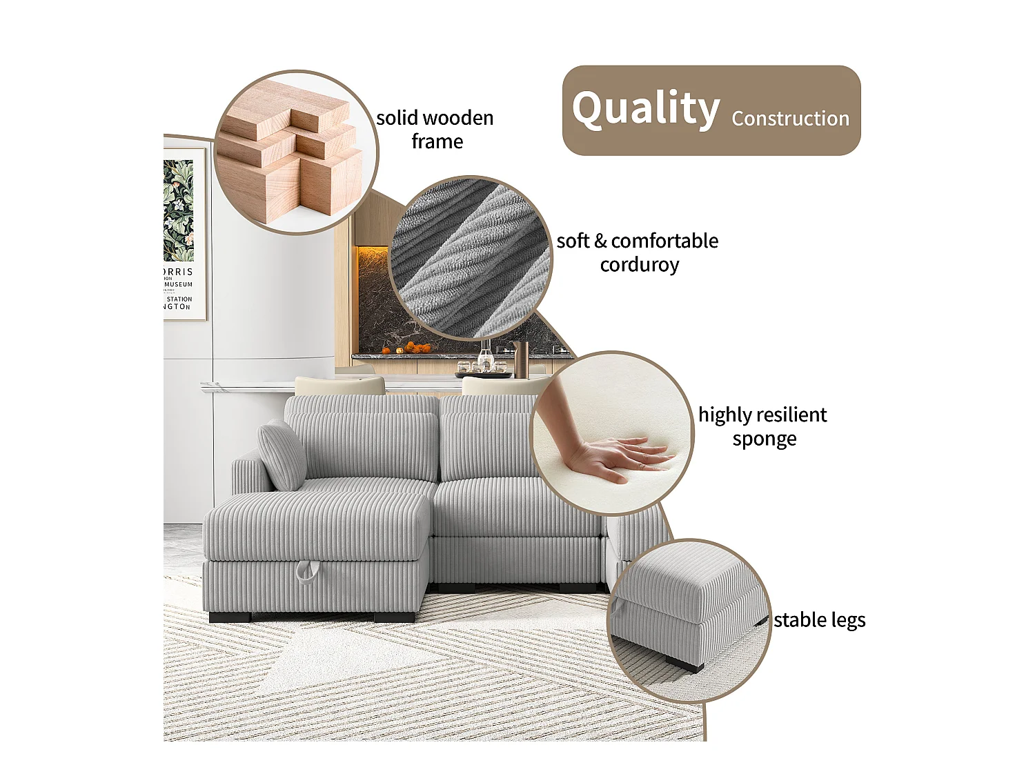 Canapé en forme de 2 places avec tabouret de rangement, canapé d'angle en velours côtelé avec ottoman, canapé doux pour salon, famille, gris