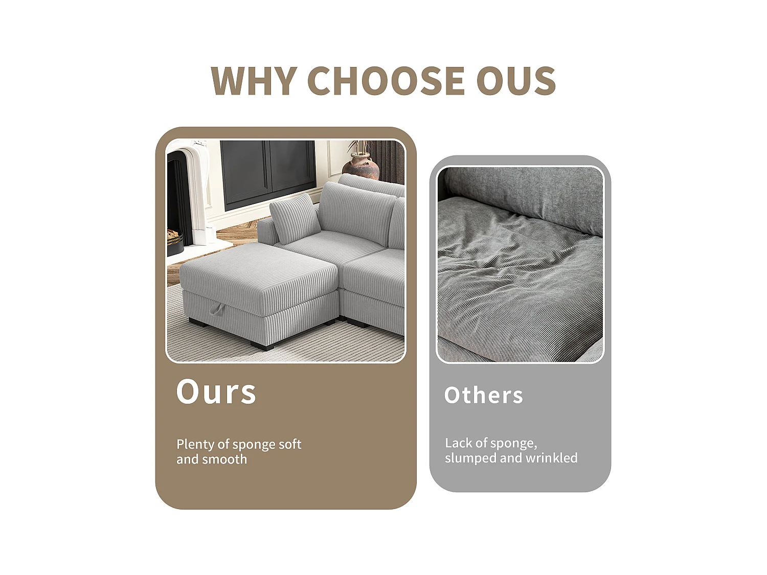 Canapé en forme de 2 places avec tabouret de rangement, canapé d'angle en velours côtelé avec ottoman, canapé doux pour salon, famille, gris