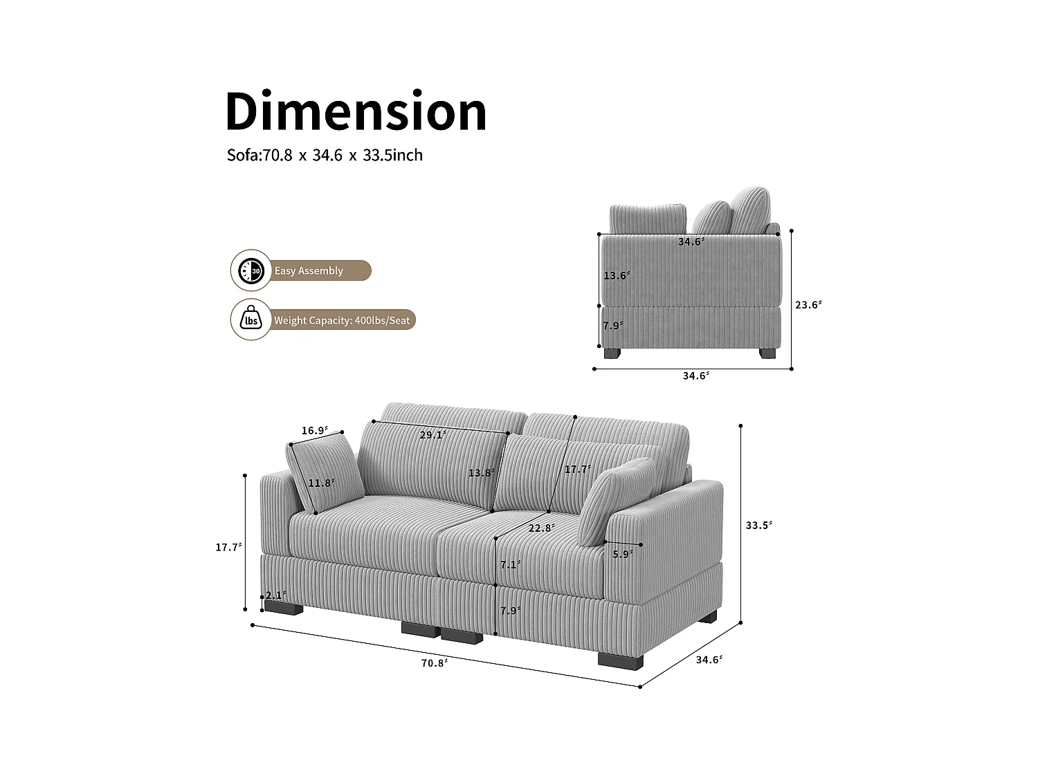 Canapé en forme de 2 places avec tabouret de rangement, canapé d'angle en velours côtelé avec ottoman, canapé doux pour salon, famille, gris