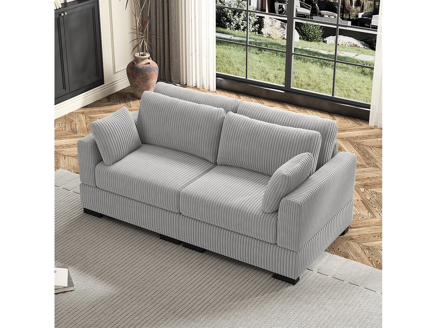 Canapé en forme de 2 places avec tabouret de rangement, canapé d'angle en velours côtelé avec ottoman, canapé doux pour salon, famille, gris