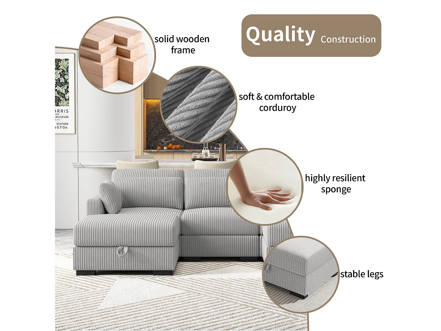 Canapé en forme de 2 places avec tabouret de rangement, canapé d'angle en velours côtelé avec ottoman, canapé doux pour salon, famille, gris