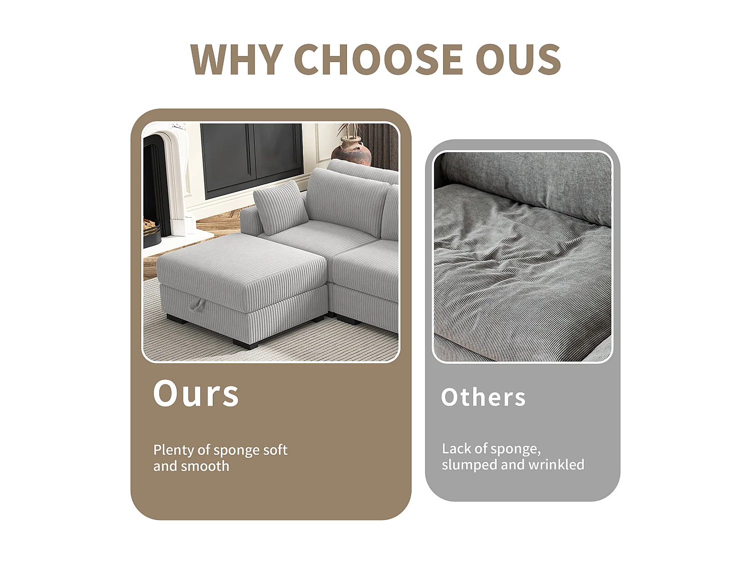 Canapé en forme de 2 places avec tabouret de rangement, canapé d'angle en velours côtelé avec ottoman, canapé doux pour salon, famille, gris