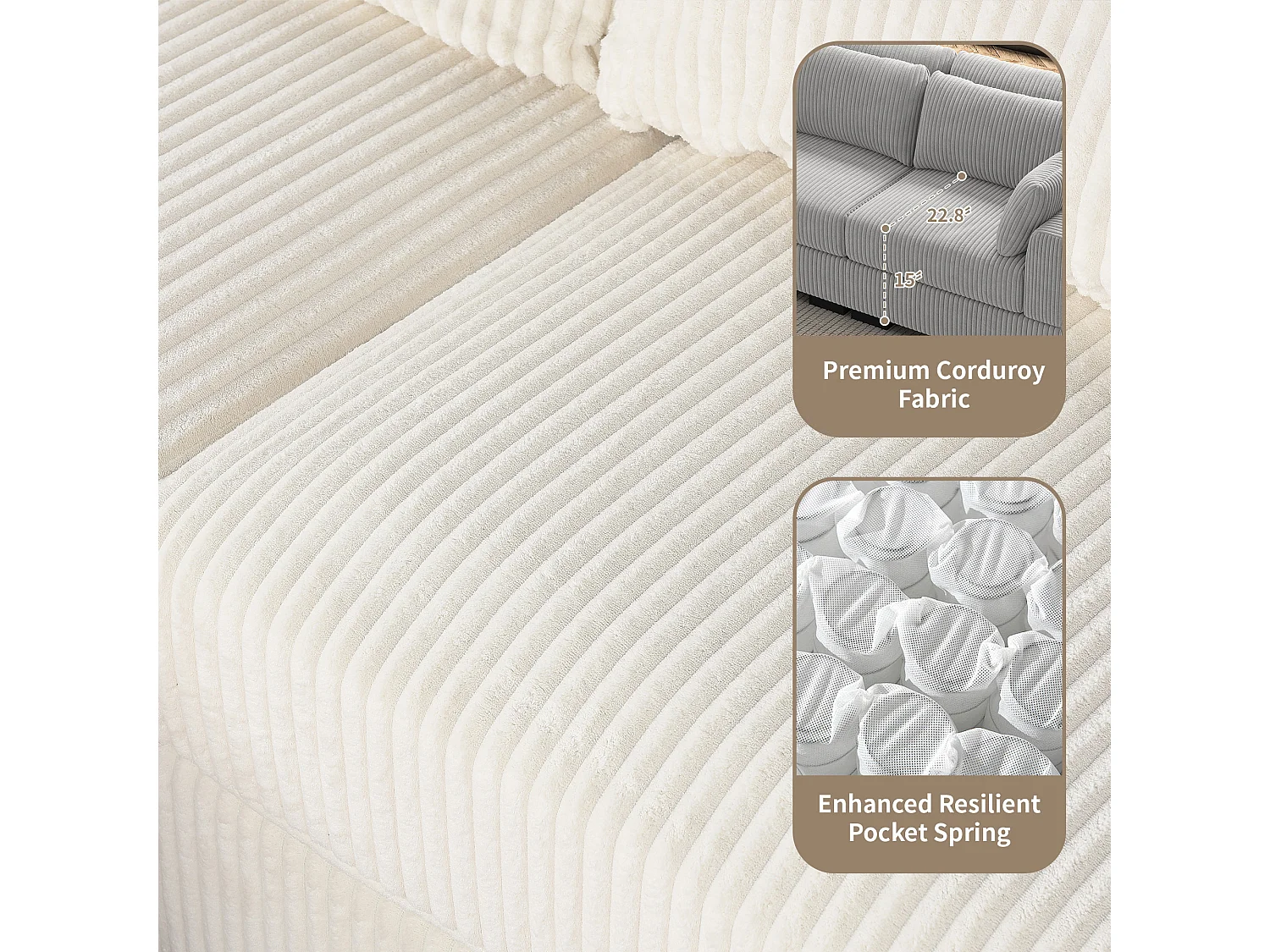 Canapé en forme de 2 places avec tabouret de rangement, canapé d'angle en velours côtelé avec ottoman, canapé doux pour salon, famille, gris