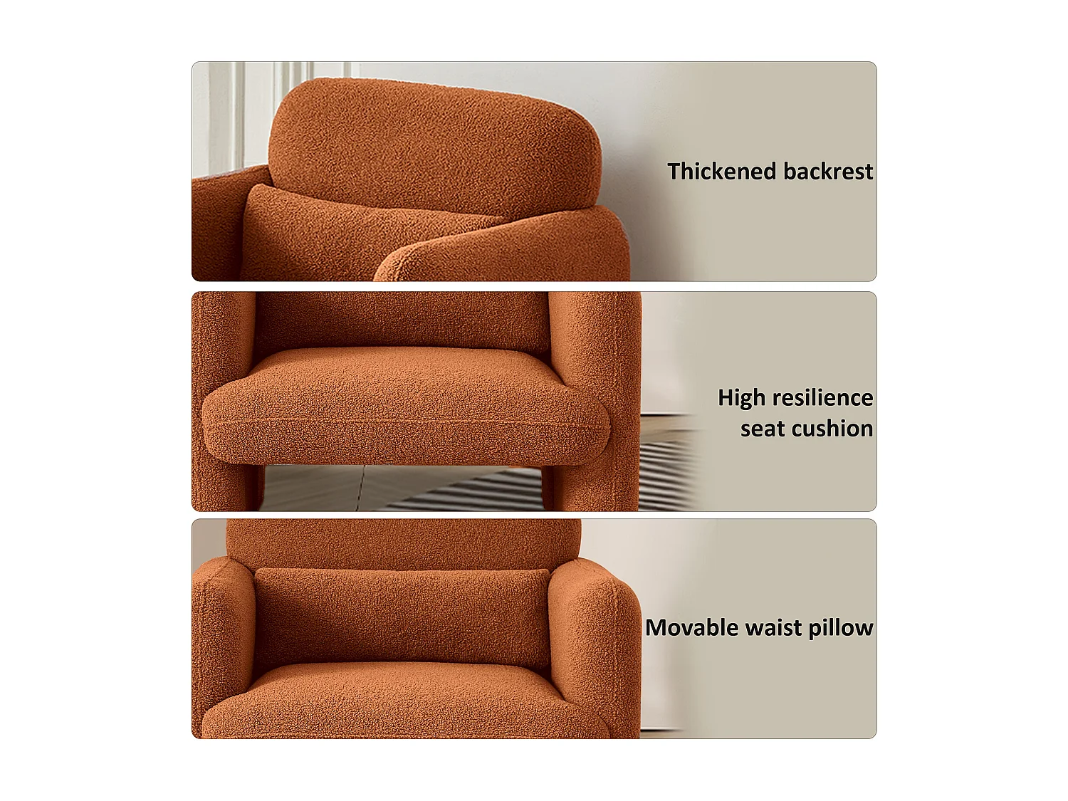 Canapé simple - velours teddy - oran - moderne - en peluche - fauteuil rembourré avec coussin de taille - pour salon et chambre à coucher