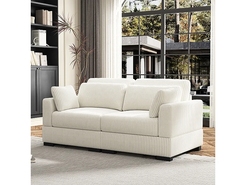 Canapé en forme de 2 places avec tabouret de rangement, canapé d'angle en velours côtelé avec ottoman, canapé doux pour salon, famille, beige