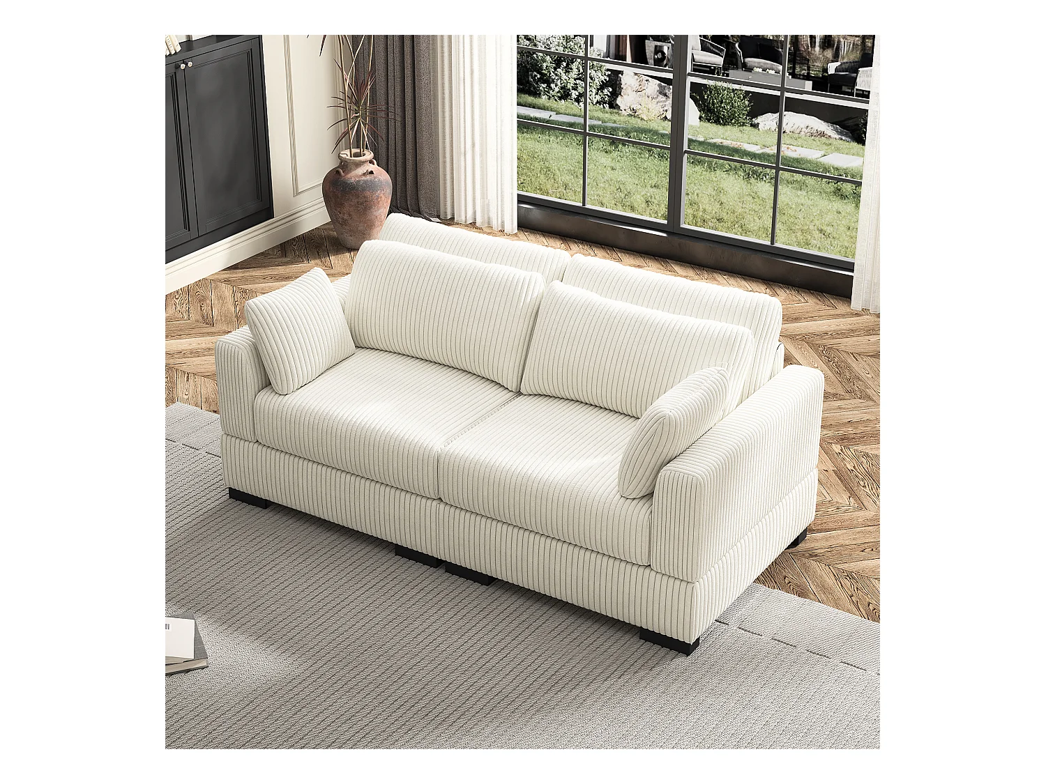 Canapé en forme de 2 places avec tabouret de rangement, canapé d'angle en velours côtelé avec ottoman, canapé doux pour salon, famille, beige