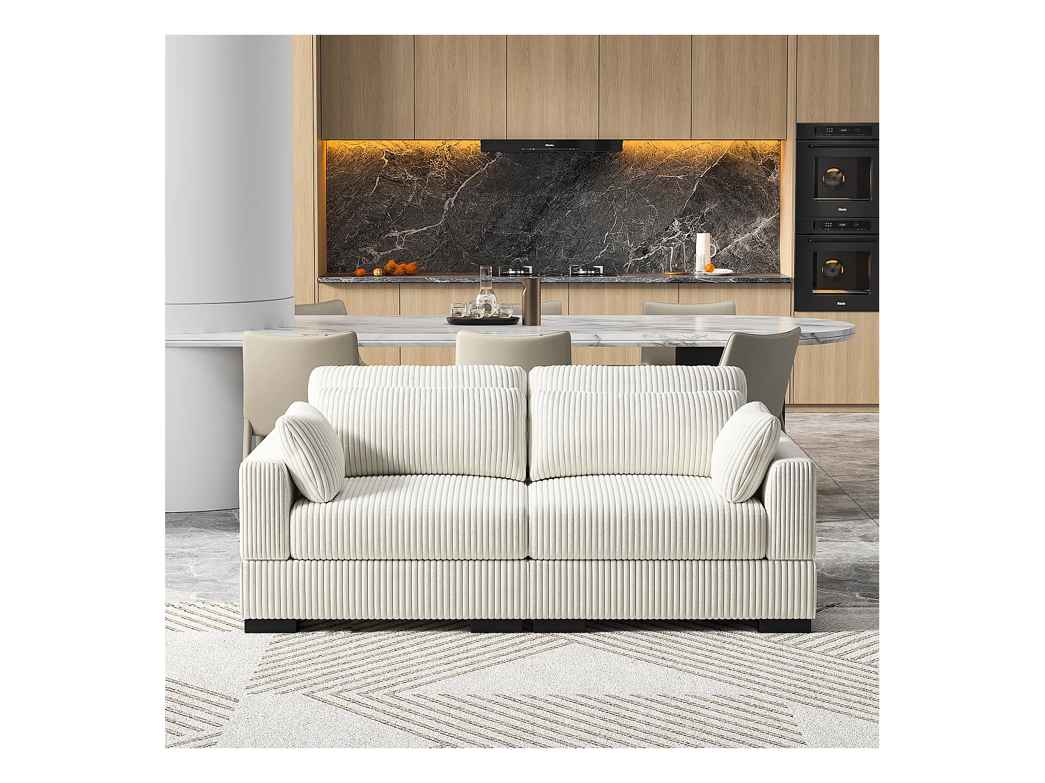 Canapé en forme de 2 places avec tabouret de rangement, canapé d'angle en velours côtelé avec ottoman, canapé doux pour salon, famille, beige