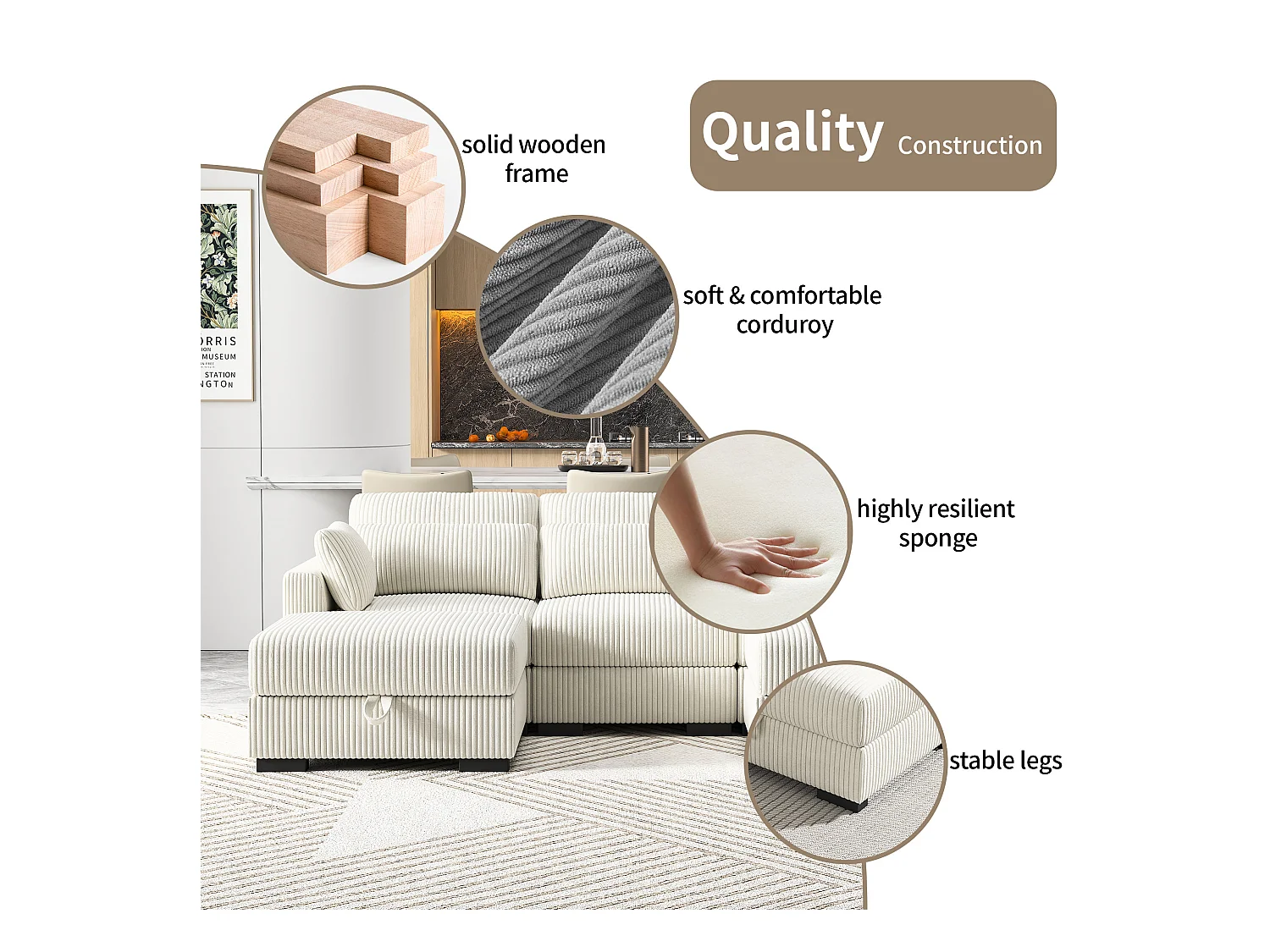 Canapé en forme de 2 places avec tabouret de rangement, canapé d'angle en velours côtelé avec ottoman, canapé doux pour salon, famille, beige