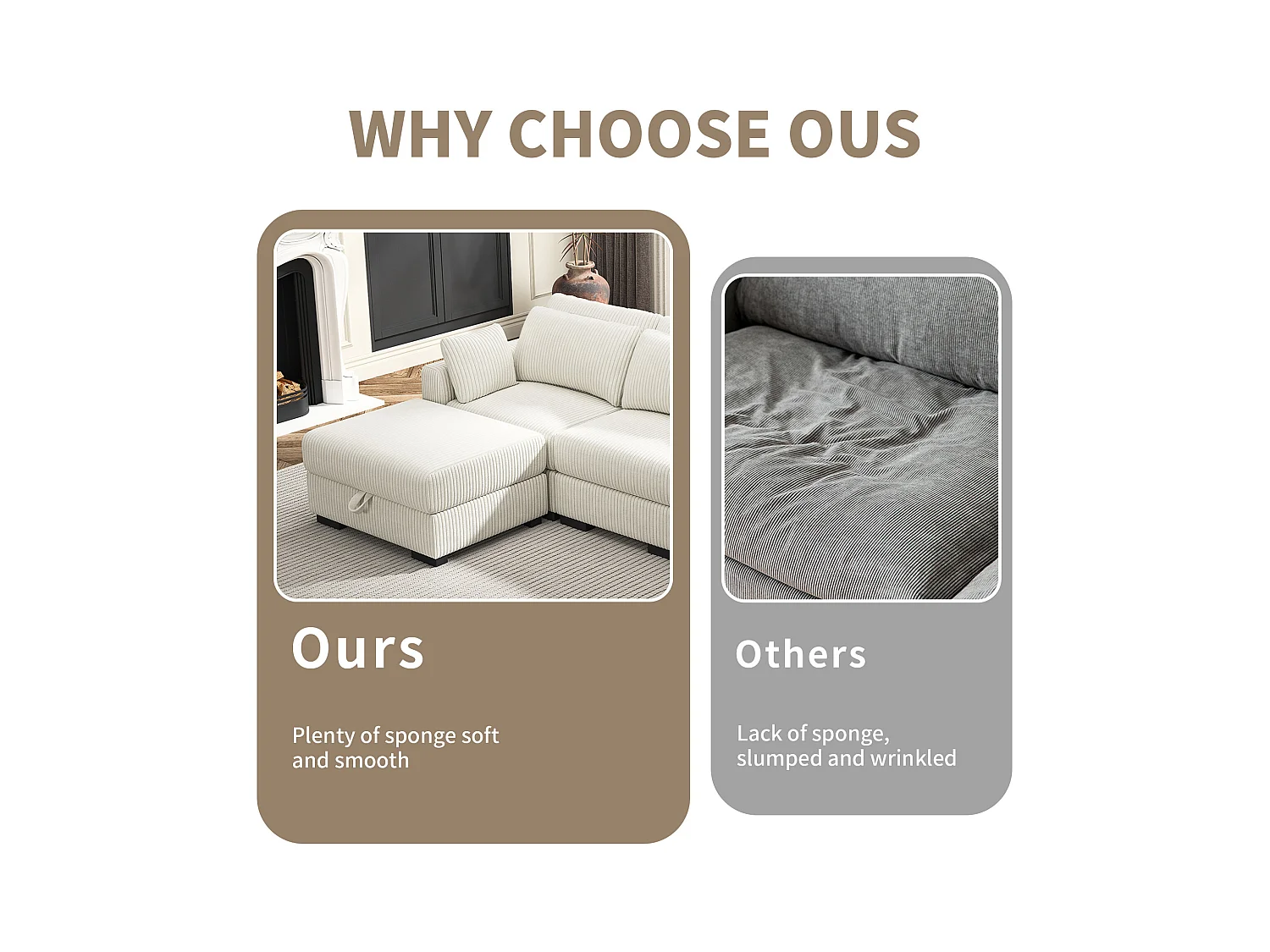 Canapé en forme de 2 places avec tabouret de rangement, canapé d'angle en velours côtelé avec ottoman, canapé doux pour salon, famille, beige