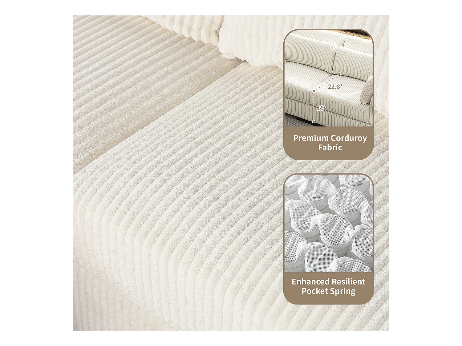 Canapé en forme de 2 places avec tabouret de rangement, canapé d'angle en velours côtelé avec ottoman, canapé doux pour salon, famille, beige