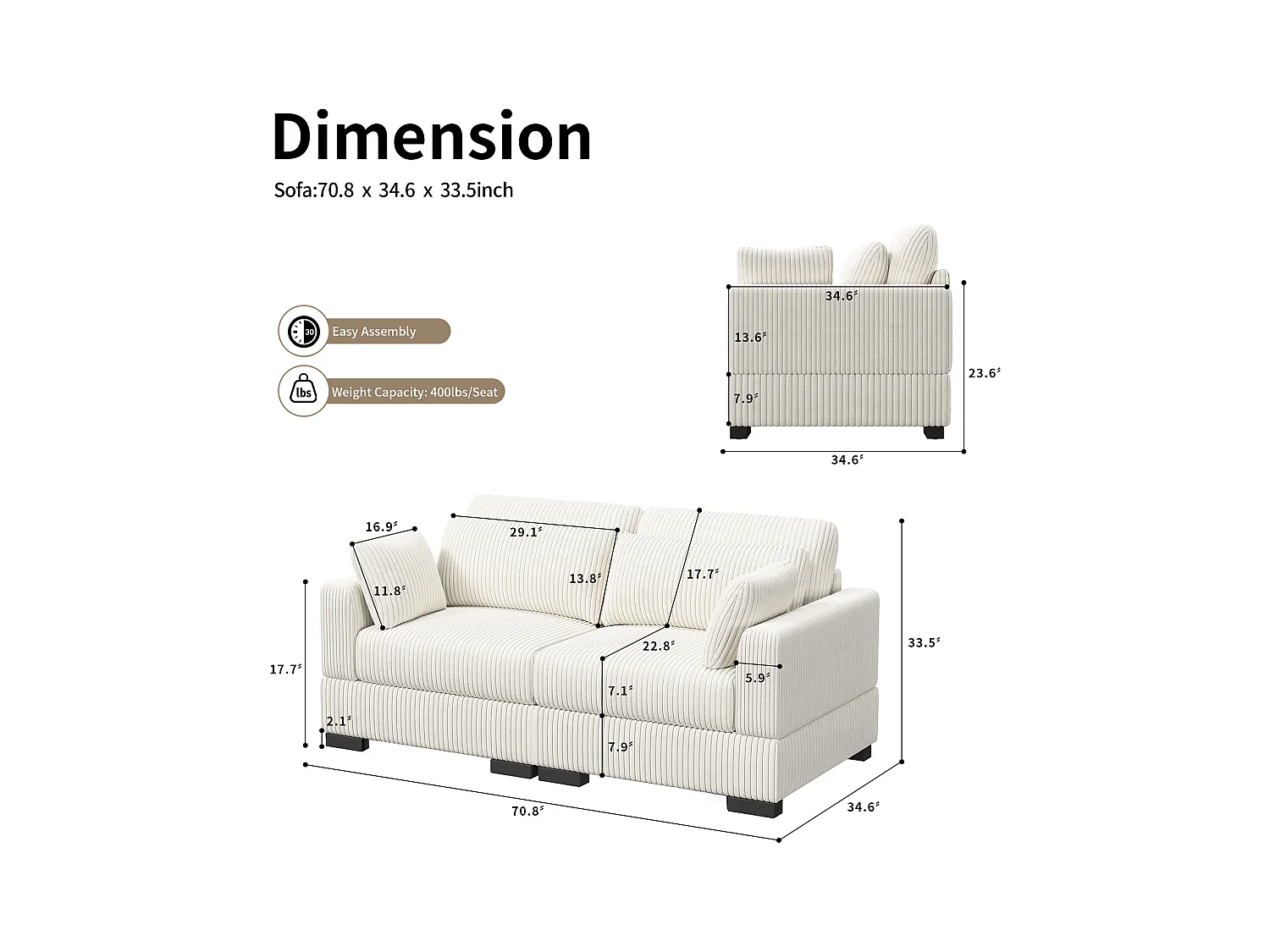 Canapé en forme de 2 places avec tabouret de rangement, canapé d'angle en velours côtelé avec ottoman, canapé doux pour salon, famille, beige
