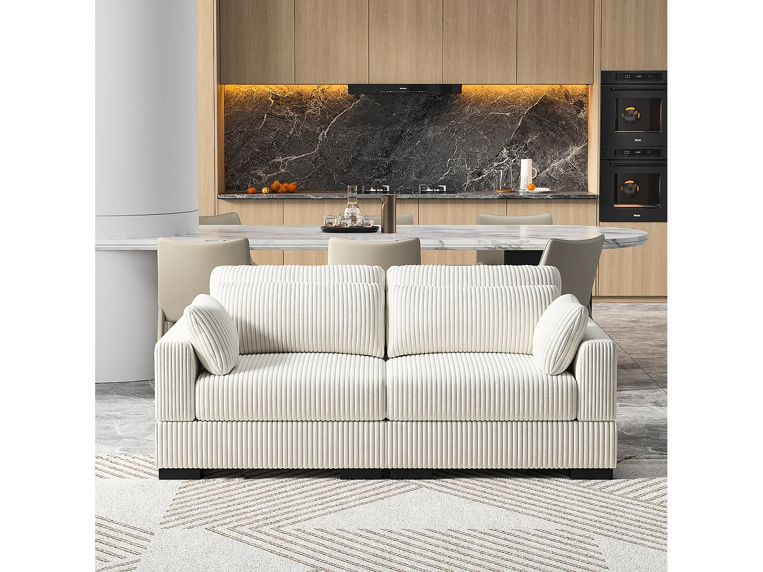 Canapé en forme de 2 places avec tabouret de rangement, canapé d'angle en velours côtelé avec ottoman, canapé doux pour salon, famille, beige