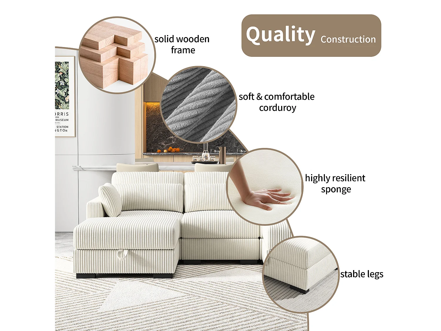 Canapé en forme de 2 places avec tabouret de rangement, canapé d'angle en velours côtelé avec ottoman, canapé doux pour salon, famille, beige