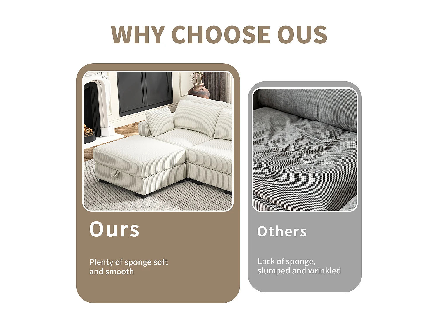 Canapé en forme de 2 places avec tabouret de rangement, canapé d'angle en velours côtelé avec ottoman, canapé doux pour salon, famille, beige