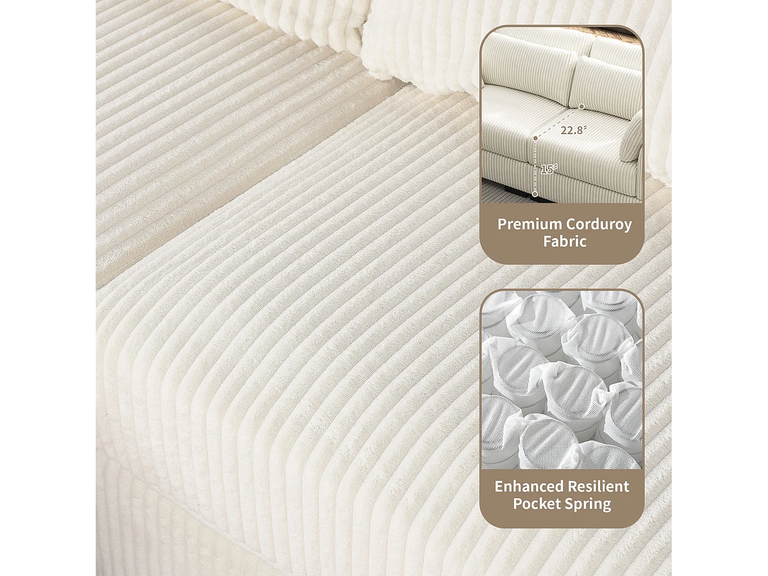 Canapé en forme de 2 places avec tabouret de rangement, canapé d'angle en velours côtelé avec ottoman, canapé doux pour salon, famille, beige