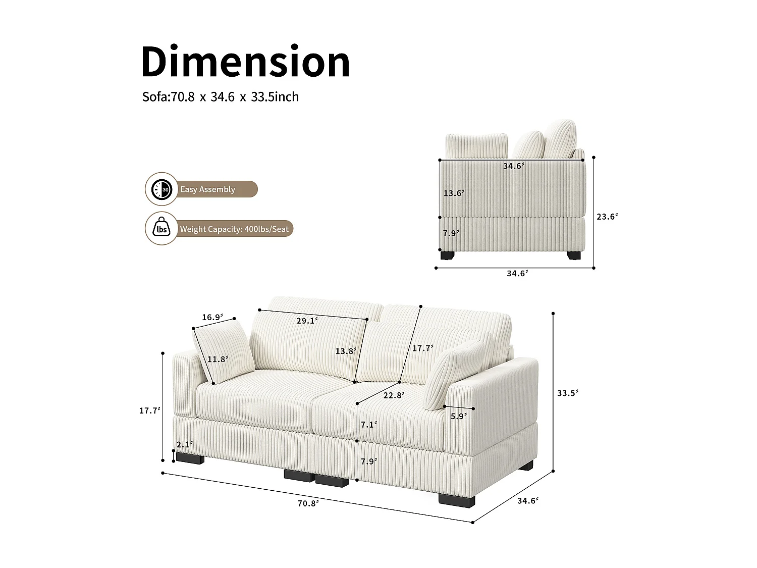 Canapé en forme de 2 places avec tabouret de rangement, canapé d'angle en velours côtelé avec ottoman, canapé doux pour salon, famille, beige