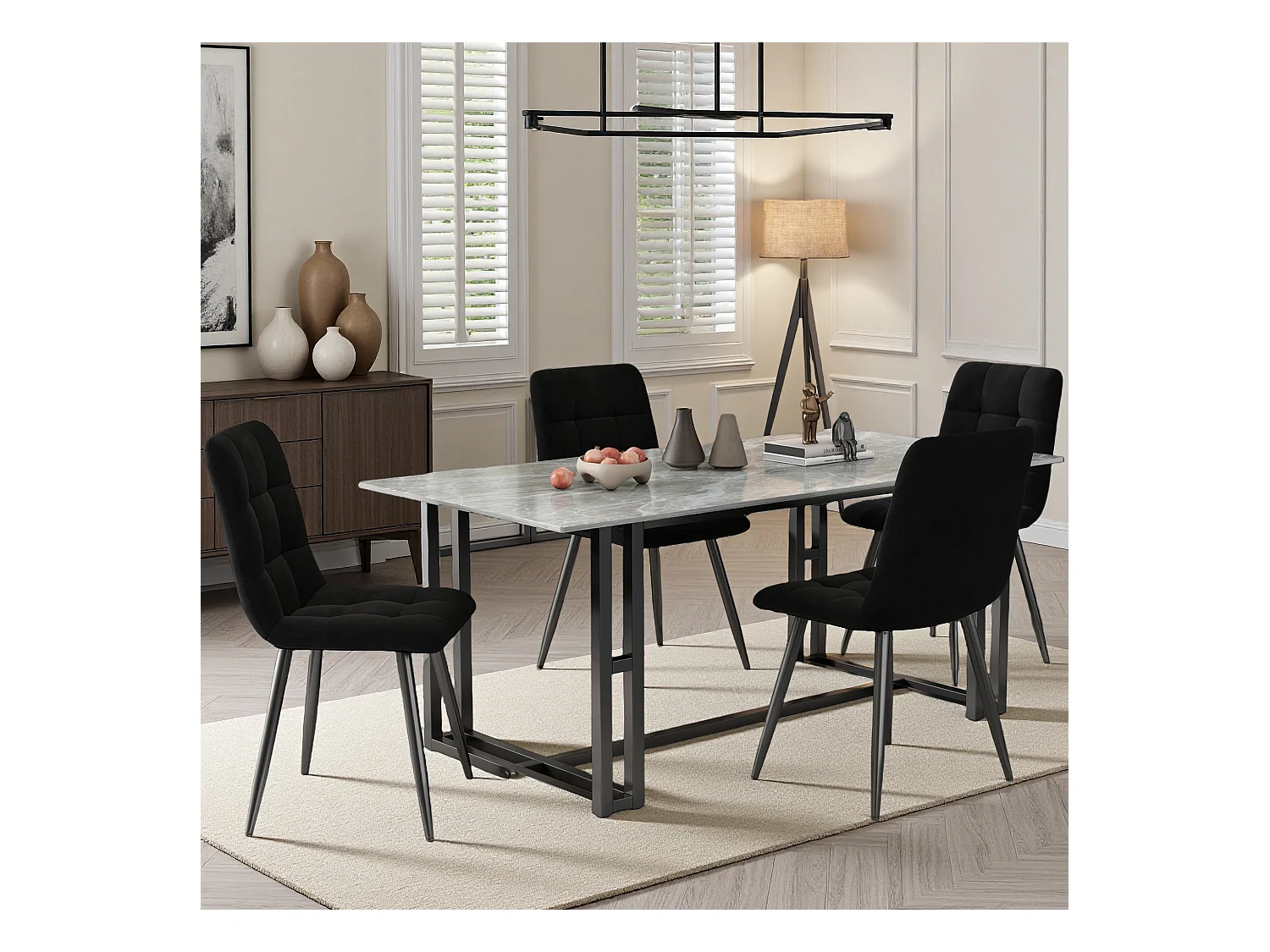 Lot de 4 chaises de salle à manger, avec pieds en métal, tissu en velours, Scandinave, noir